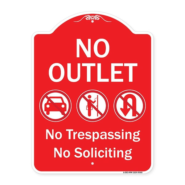 Signmission No Outlet No Trespassing Or Soliciting W/ No Car And No U-turn s Aluminum Sign, 24" H, RW-1824-9968 A-DES-RW-1824-9968 - main